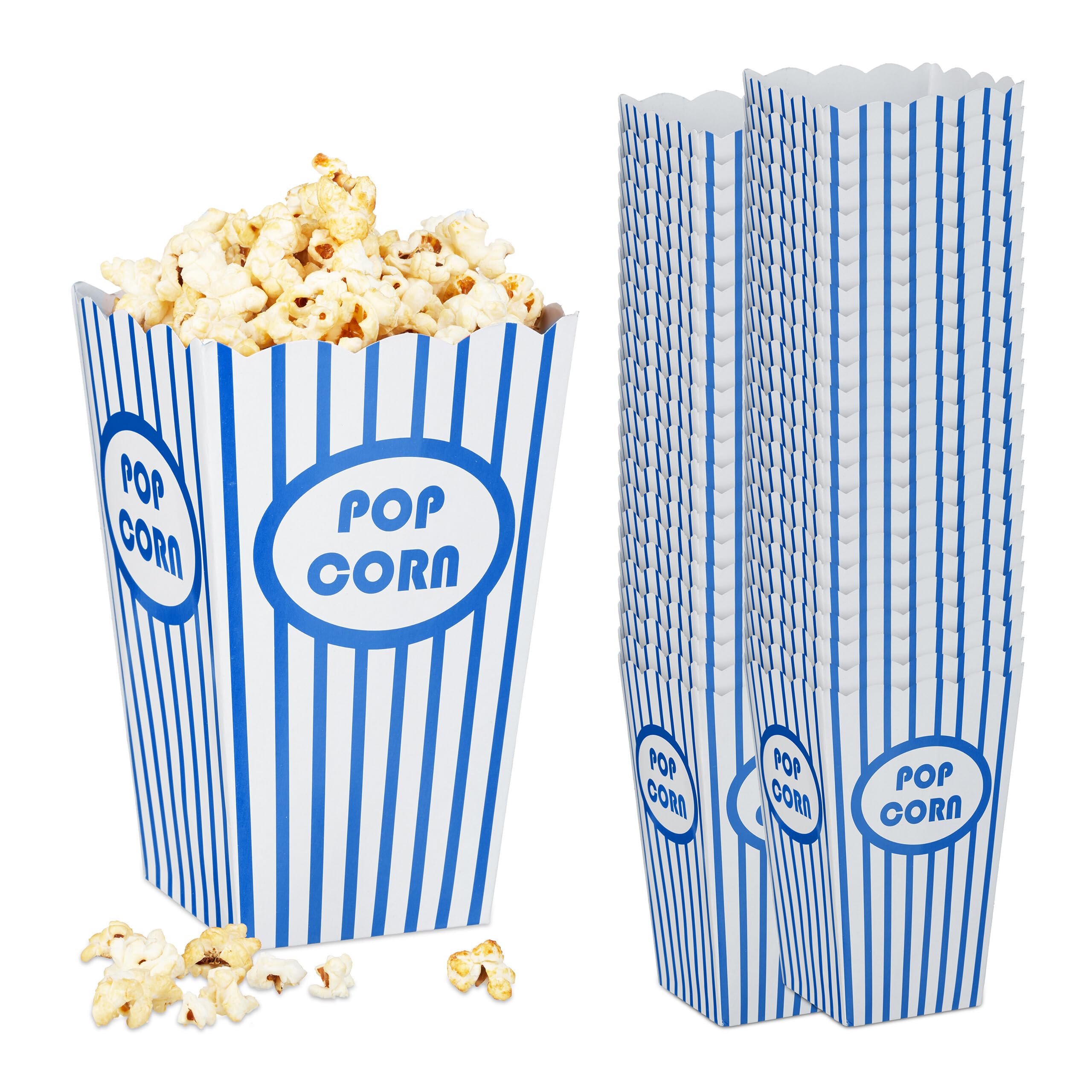 Relaxdays Popcorntüten, 144er Set, gestreift, Retro-Optik, Kino, Filmabend Zubehör, Pappe, Popcornbehälter, blau/weiß