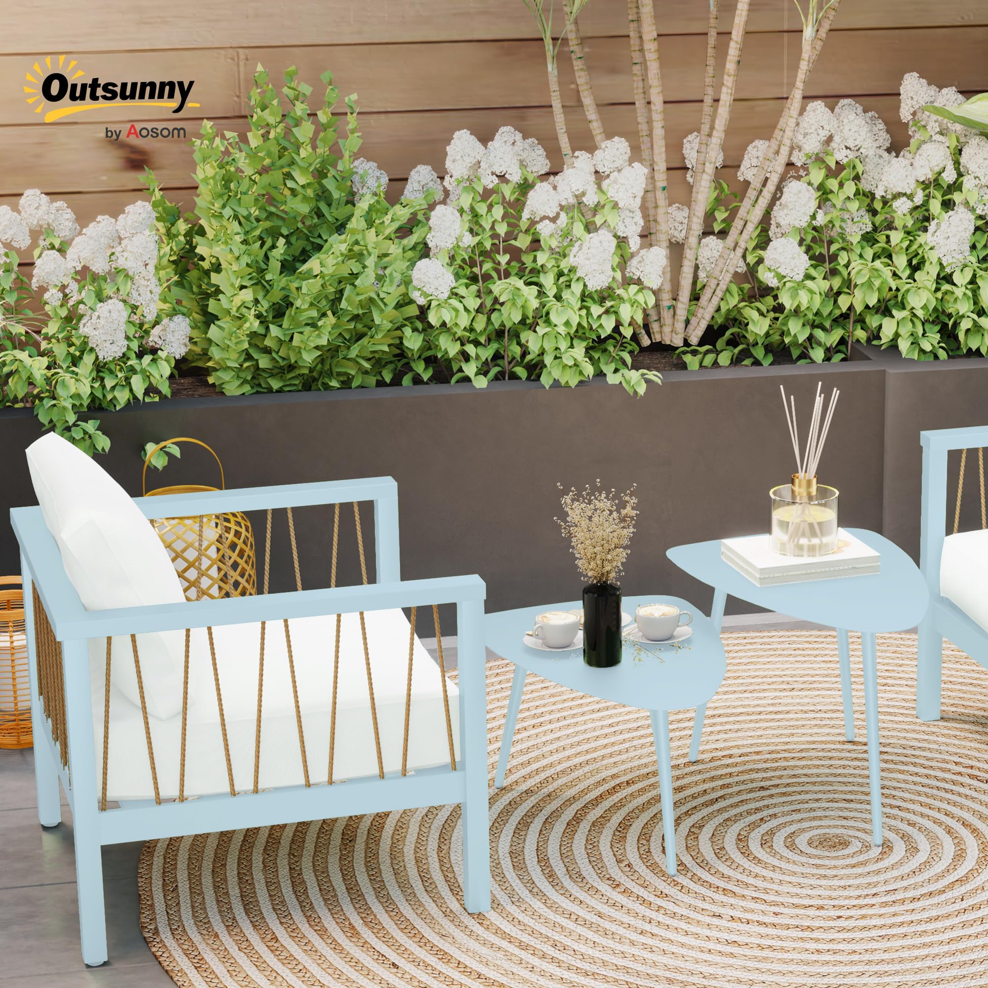 Outsunny Lot de 2 Tables Basses de Jardin, Tables d'appoint gigognes triangulaires, Cadre en Acier, avec Patins Ajustables pour Balcon, Patio, Jardin, Bleu Clair
