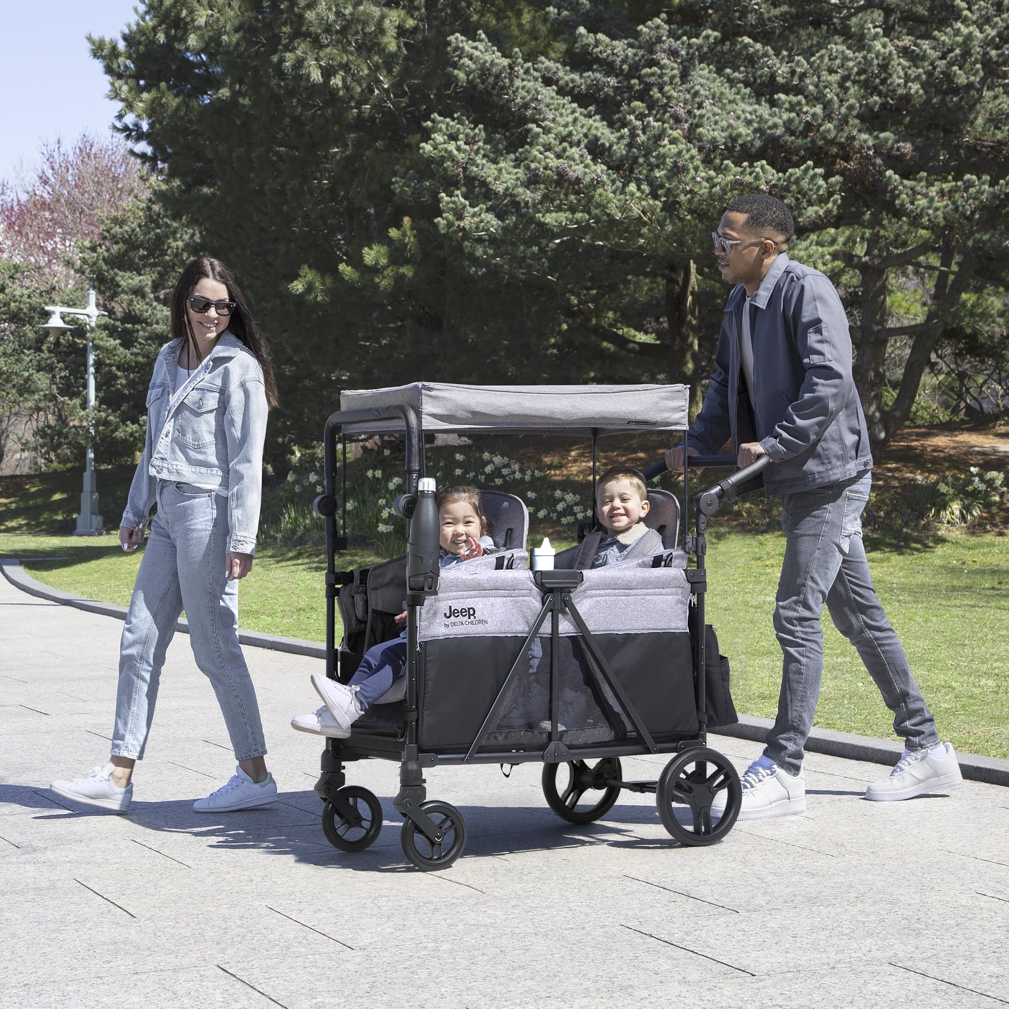 Condition photo showing Good Condition for delta children - jeep aries stroller wagon - premium wagon for 2 kids with convertible seats, adjustable push/pull handles, removable canopy & flat fold - greenguard gold certified, grey