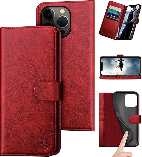 Miniatura 8 de Funda tipo cartera de piel auténtica para iPhone 14 Pro Max de 6.7 pulgadas. Bloqueo RFID. 4 tarjeteros de crédito. Cuero auténtico. Funda