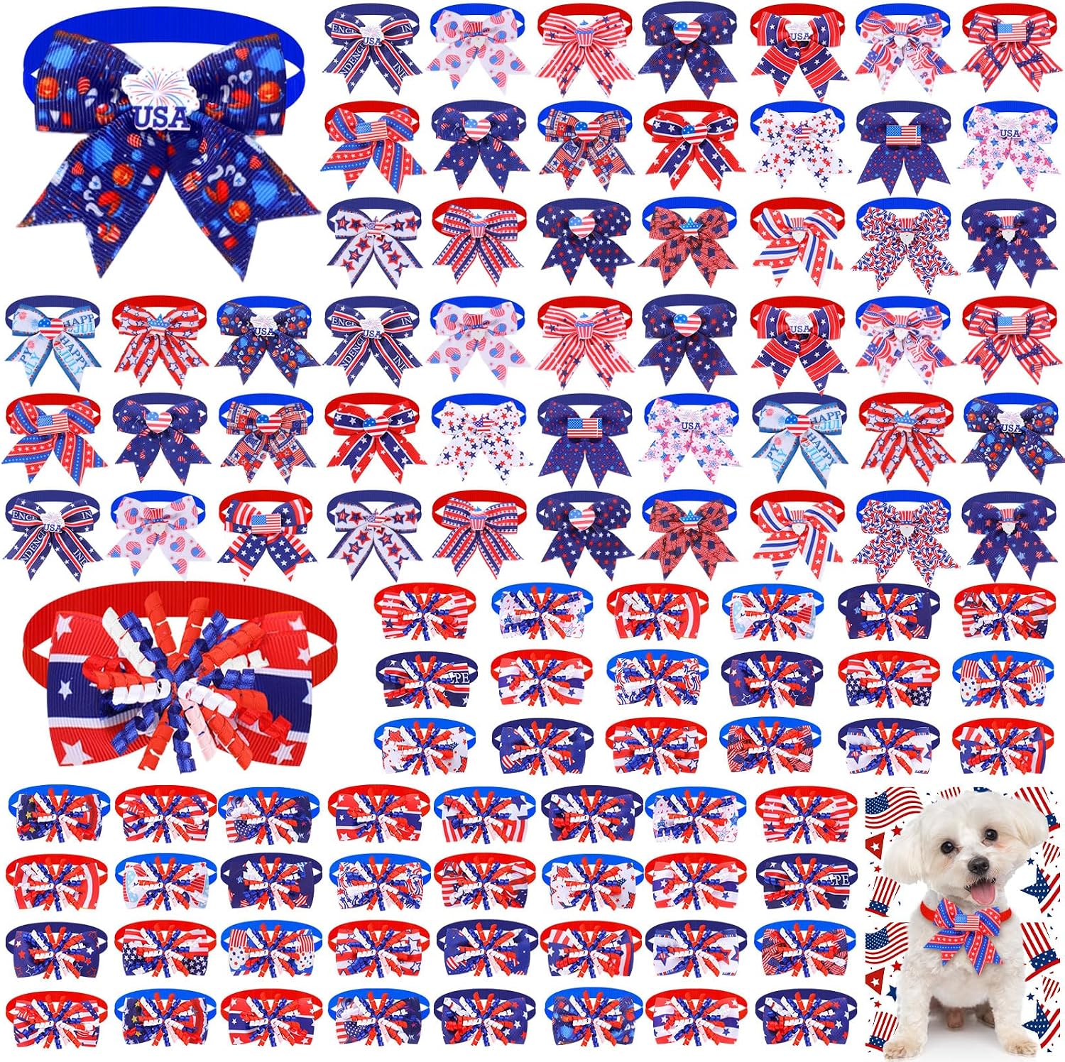 Huhumy 100 Pcs 4th of July Patriotic Dog Bow Ties Bulk American USA Flag Pet Collar Neckties Adjustable Independence Day Red White Blue Dog Collars for Small Medium Large Dogs Cat Memorial Day