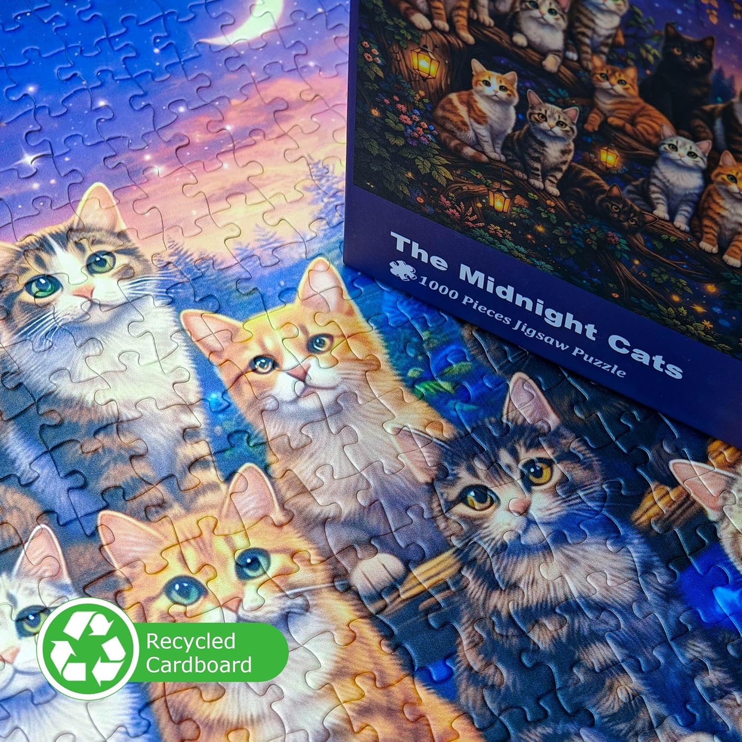 Puzzles for Adults 1000 Pieces, Cozy Moonlit Forest Cats Jigsaw Puzzle, Colorful Animal Puzzle with Reference Poster, Recycled Cardboard Puzzle for Family Game Night, Home Decor & Gift