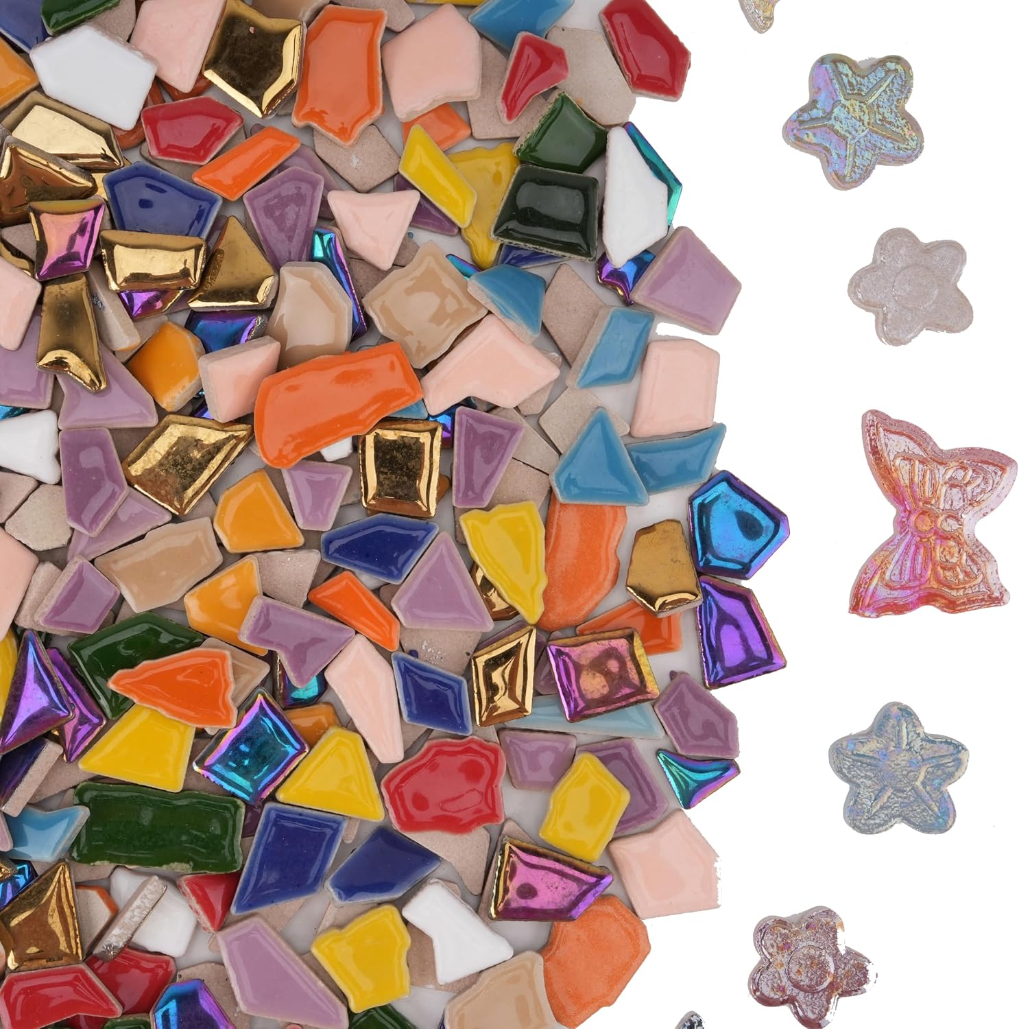 1.5 lb Ceramic Mosaic Tiles for Crafts – Irregular Mosaic Tiles with Flower and Butterfly Mosaic Pieces, Glazed & Iridescent, for DIY Coasters, Garden Art & Home Decor