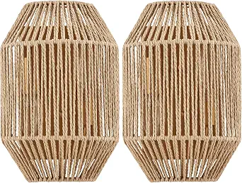 Natural Rattan Wall Sconce Set of 2 with Wicker Shades and Antique Brass Finish