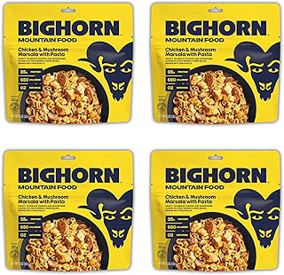 BIGHORN Mountain Food Chicken and Mushroom Marsala with Noodles - contains 4 packs | 8 servings | 140g Protein | 2,720 Calories - premium freeze dried meals for backpacking food - dehydrated camping food for backpacking meals - ideal camping meals - just add water - great taste