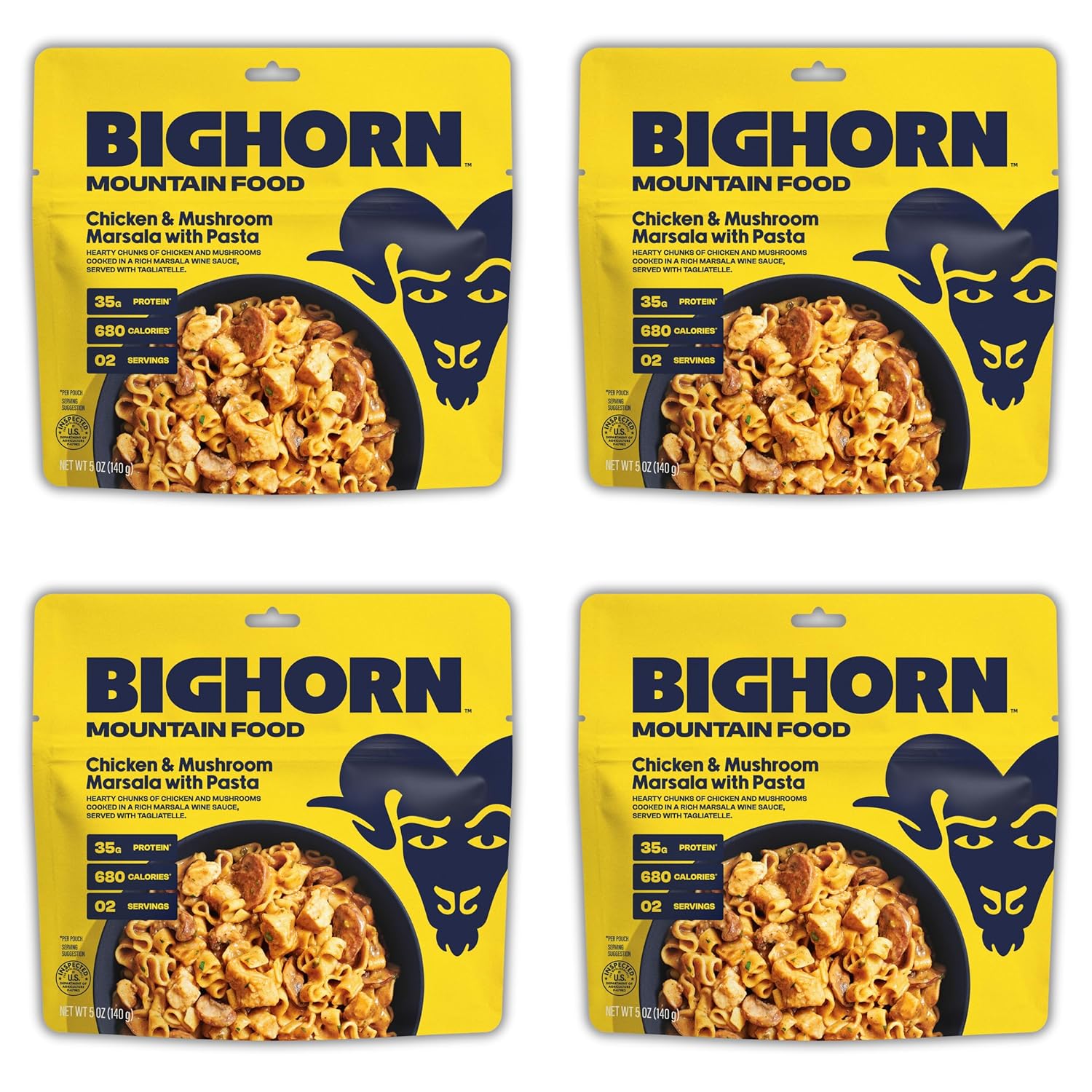 BIGHORN Mountain Food Chicken and Mushroom Marsala with Noodles - contains 4 packs | 8 servings | 140g Protein | 2,720 Calories - premium freeze dried meals for backpacking food - dehydrated camping food for backpacking meals - ideal camping meals - just add water - great taste