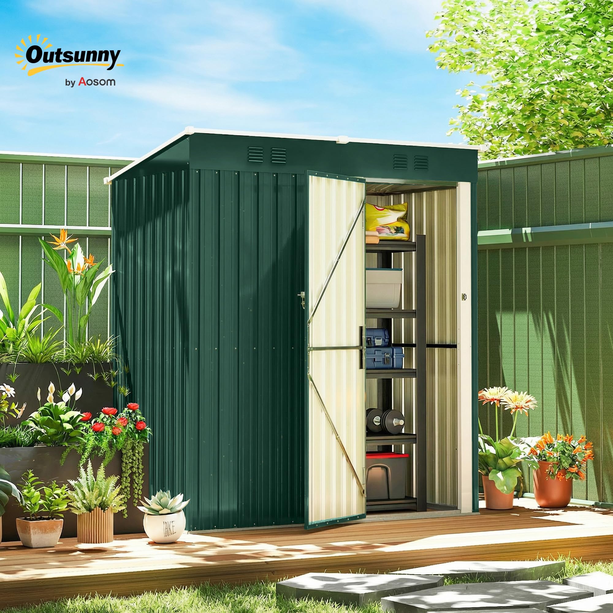 Outsunny Caseta de Jardín Exterior 1,37 m², 163x90x179 cm, Cobertizo de Jardín Exterior Metálico con Puerta con Pestillo y Ranuras de Ventilación, para Almacenamiento de Herramientas, Verde - 2