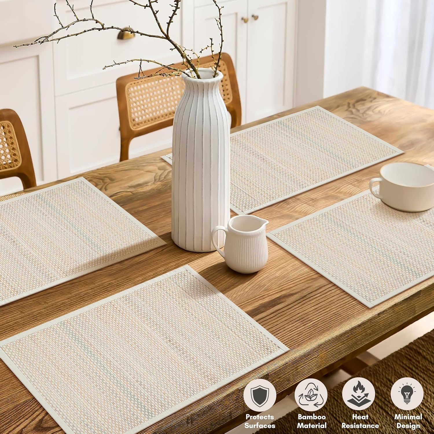 Hausattire Bamboo Placemats for Dining Table Set of 10 Washable 13x19 Rectangle Place Mats Sushi Mats for Kitchen Table Outdoor Parties Spring Farmhouse Boho Decoration - Beige
