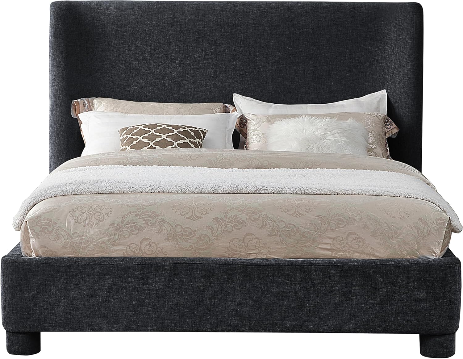 Meridian Furniture B1207Black-K Penny Collection Modern | Contemporary King Bed with Rich Black Chenille Fabric, Curved Headboard, 87" W x 88" D x 52" H, Black, King