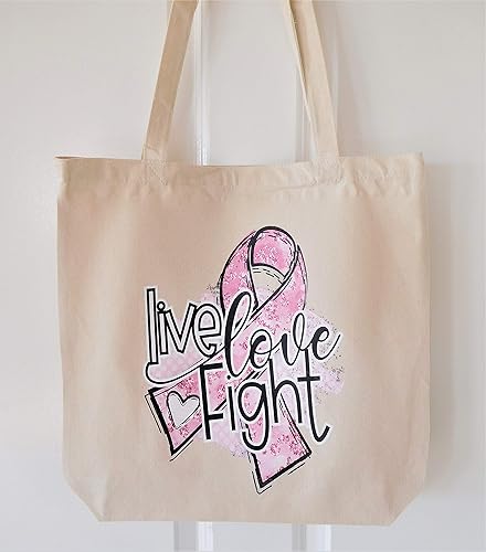 Miniatura 4 de Live, Love, Fight Breast Cancer Awareness Reusable Grocery Bag - Canvas Tote Bag, 12 Ounce Heavy Natural Canvas bag 17 34" W x 15 34" H x 6 14" D
