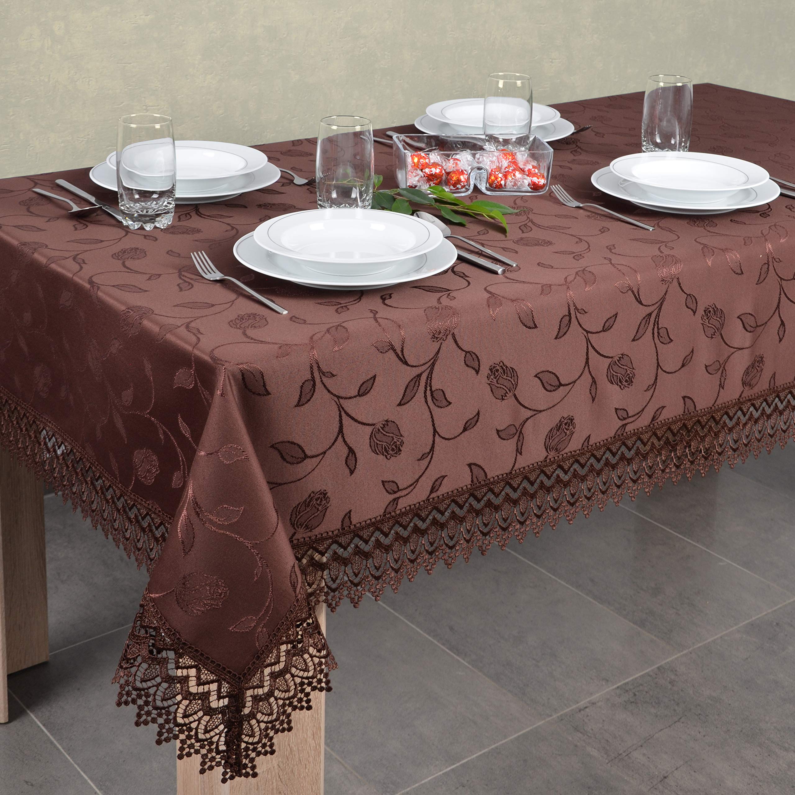 Nappe résistante, 180 x 140 cm, Marron, aux Taches finie avec de la Dentelle Guipure décorative, 9 cm de Large, en Tissu Jacquard 230g/m², 100% Polyester, fabriquée en UE