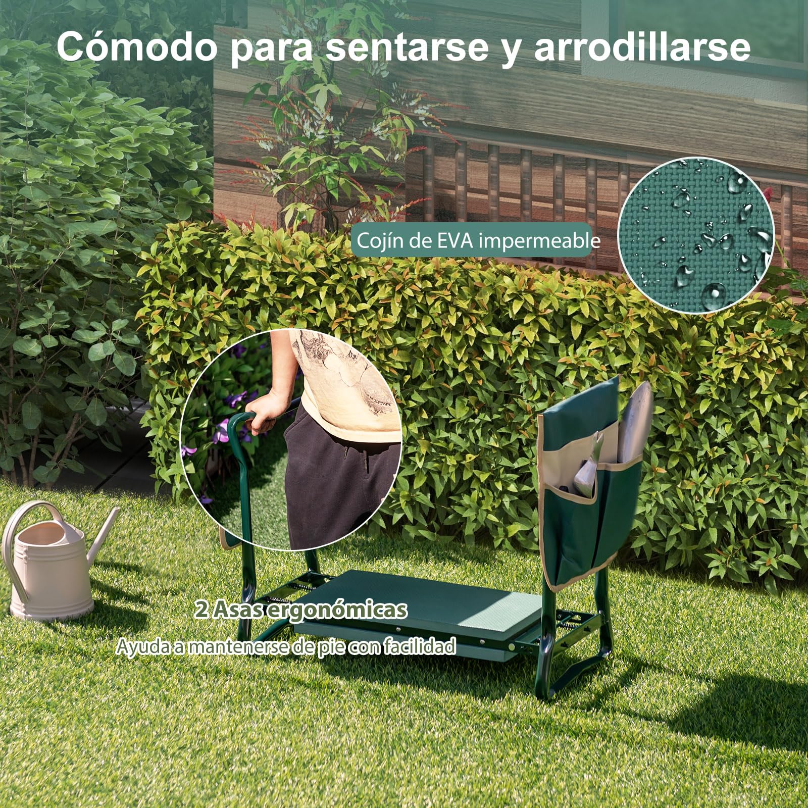 SOARS Banco de Jardín Plegable con Bolsillos para Herramientas y Rodilleras, Taburete de Jardín hasta 150 kg, Rodilleras para Jardinería, 58 x 27,5 x 50 cm (con 2 Bolsa de Herramientas)