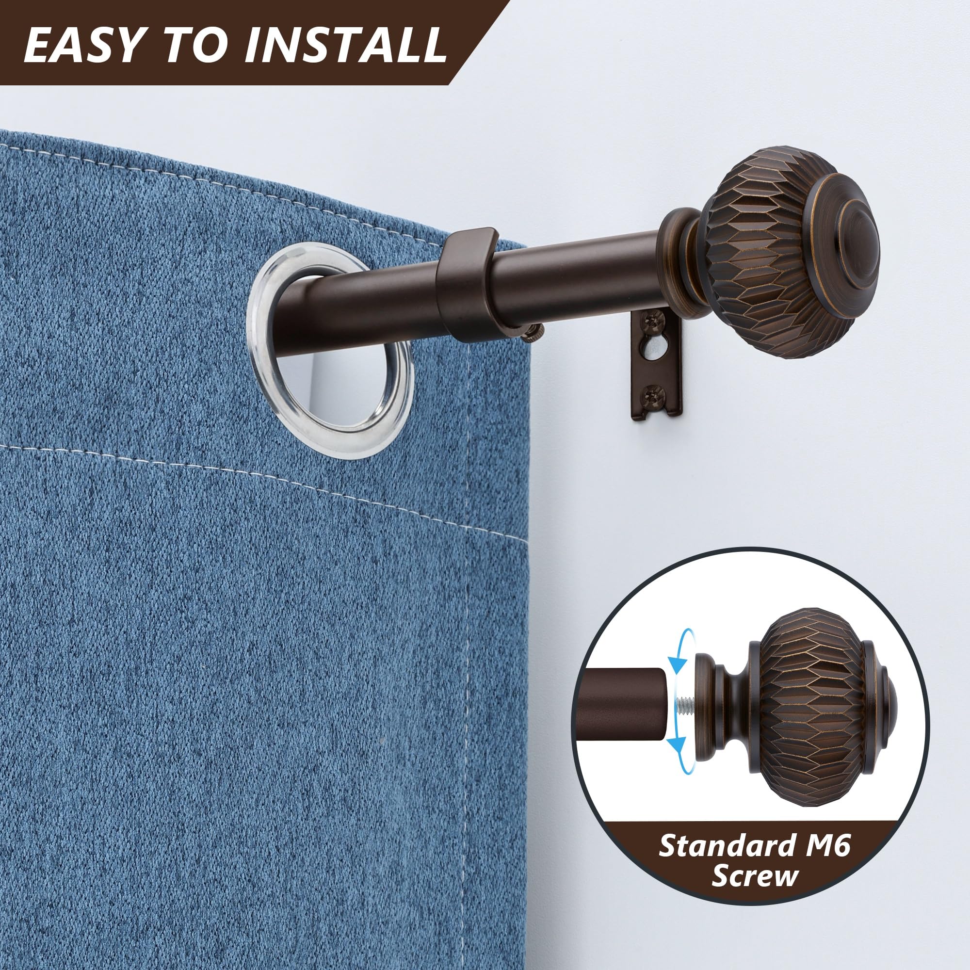 Mospetual Bronze 1 Inch Adjustable Heavy Duty Curtain Rods with Lantern Ball Finials, Window Treatment Single Rods