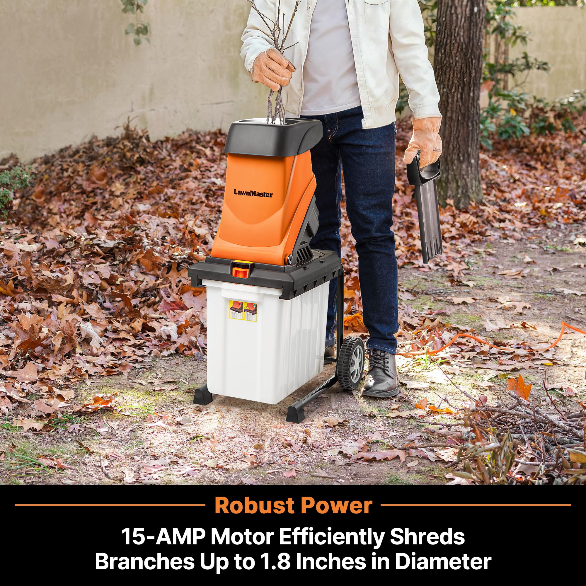 LawnMaster Wood Chipper, 15 Amp Electric Wood Chipper Shredder with Collection Bin, 1.8-Inch Cutting Diameter Max 16:1 Reduction-FD1504 - Additional View