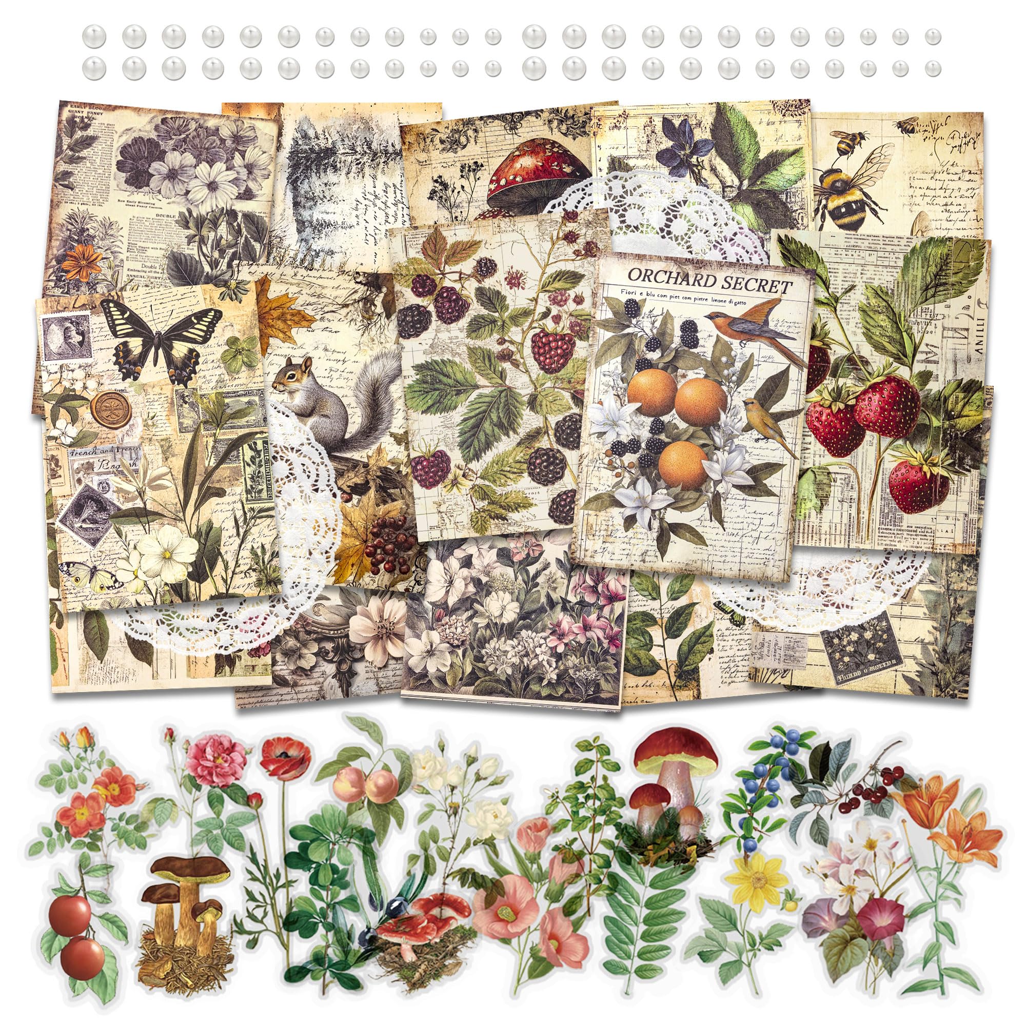 Mayplous Vintage Scrapbook Supplies, 40 Decorative Collage Papers & 79 Clear PET Stickers, Aesthetic Floral Botanical Nature Theme for Journaling, Junk Journal, Planner, Card Making DIY Crafts (Glad)