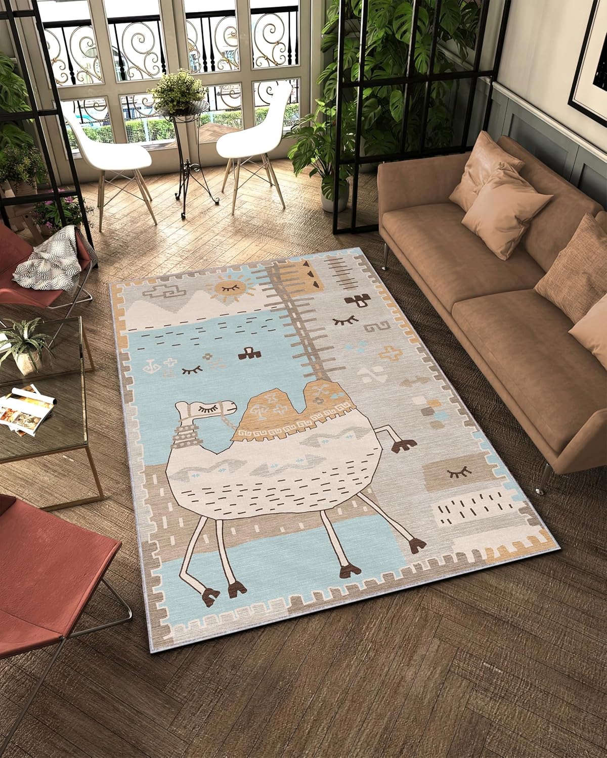 Boho Rug Soft Washable Nonslip Camel Carpet for Toddler Children Room Safari Animal Baby Shower 2x3 Plush Surface Beige Mat Cozy Traditional Cartoon Decor