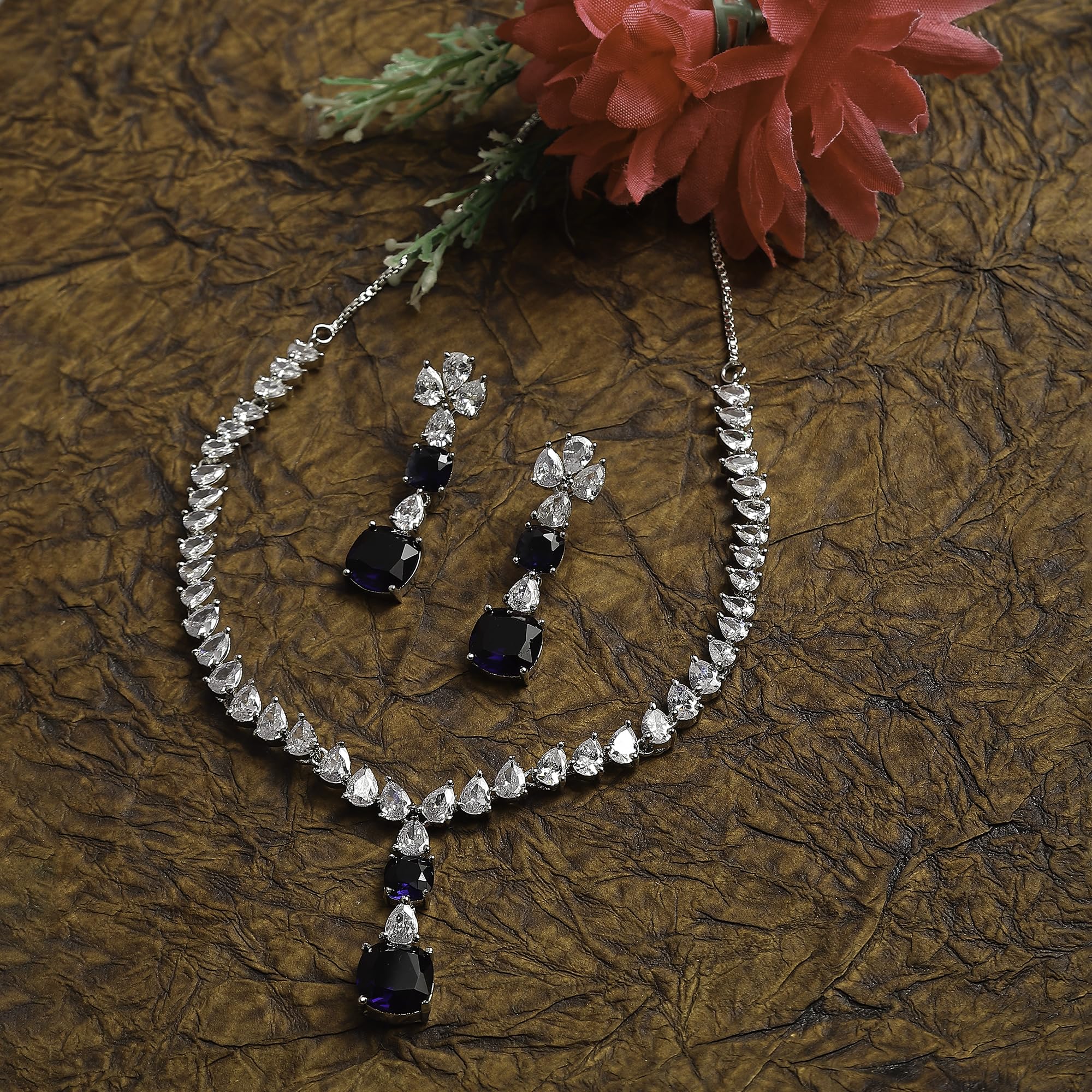 Rhodium-Plated American Diamonds Necklace set