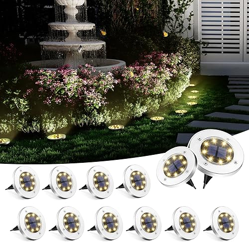 Miniatura 8 de SOLPEX Paquete de 12 luces solares de tierra, 8 luces LED de disco alimentadas por energía solar, iluminación de paisaje de jardín impermeable
