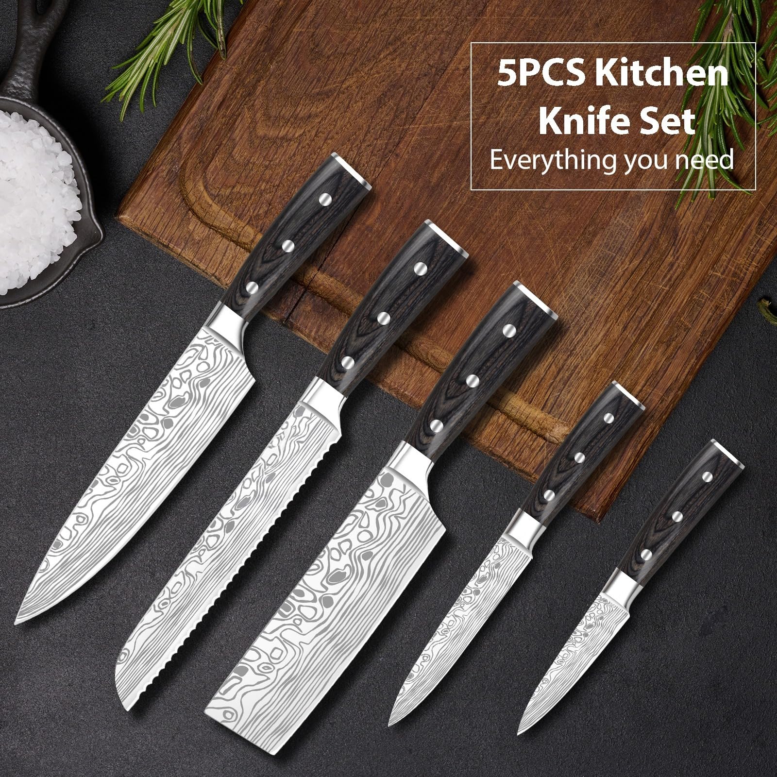 Juego de Cuchillos de Cocina Profesionales 5 Piezas, Incluye Cuchillo de Chef 20cm, Cuchillo para Pan 20cm, Nakiri 18cm, Cuchillo Multiusos 13cm, Cuchillo para Frutas 9cm