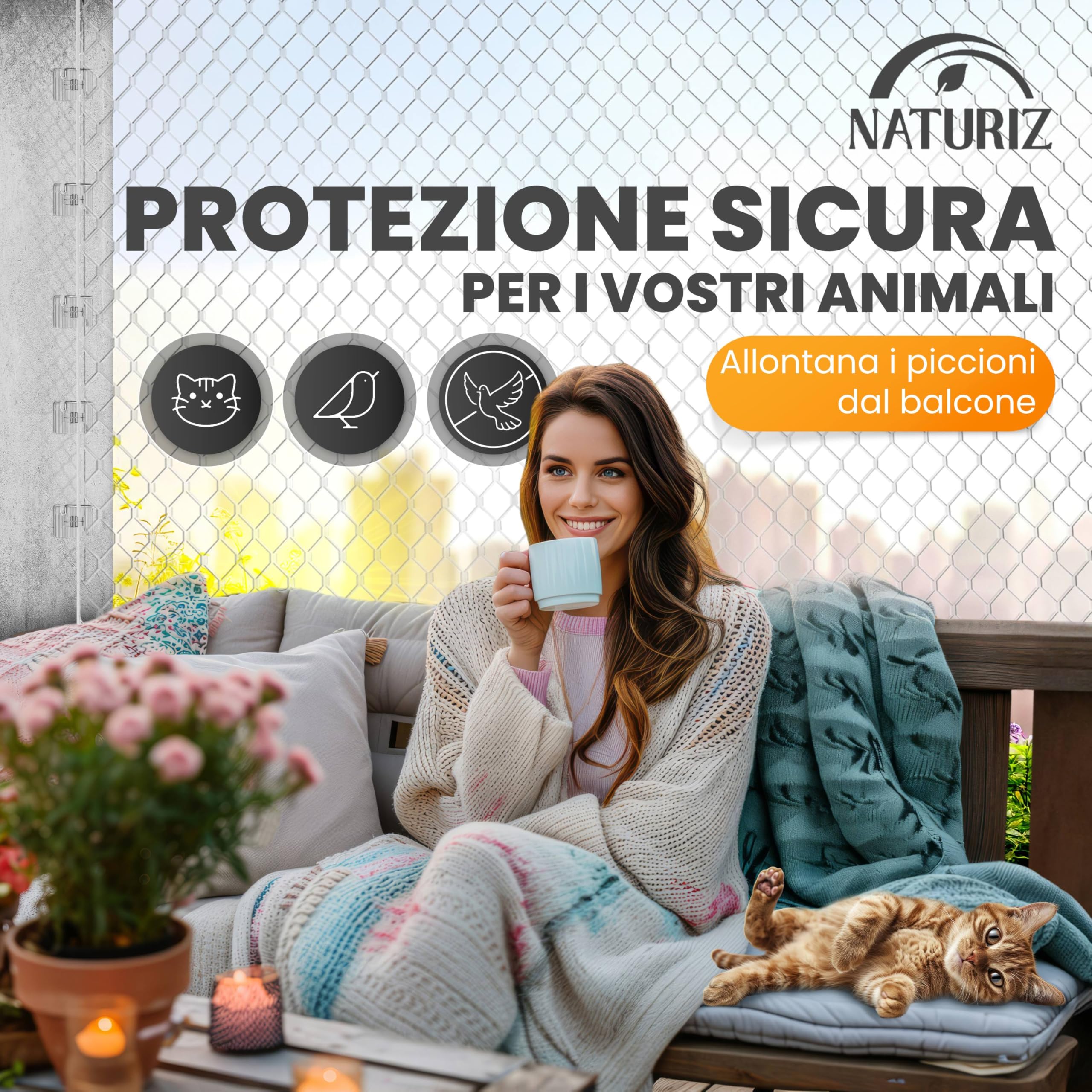 Naturiz Rete per gatti per balcone senza foratura, 3 x 4 m, rinforzata con filo trasparente/bianco, griglia per gatti con gancio adesivo – Rete di protezione per gatti per balcone e finestre, rete da