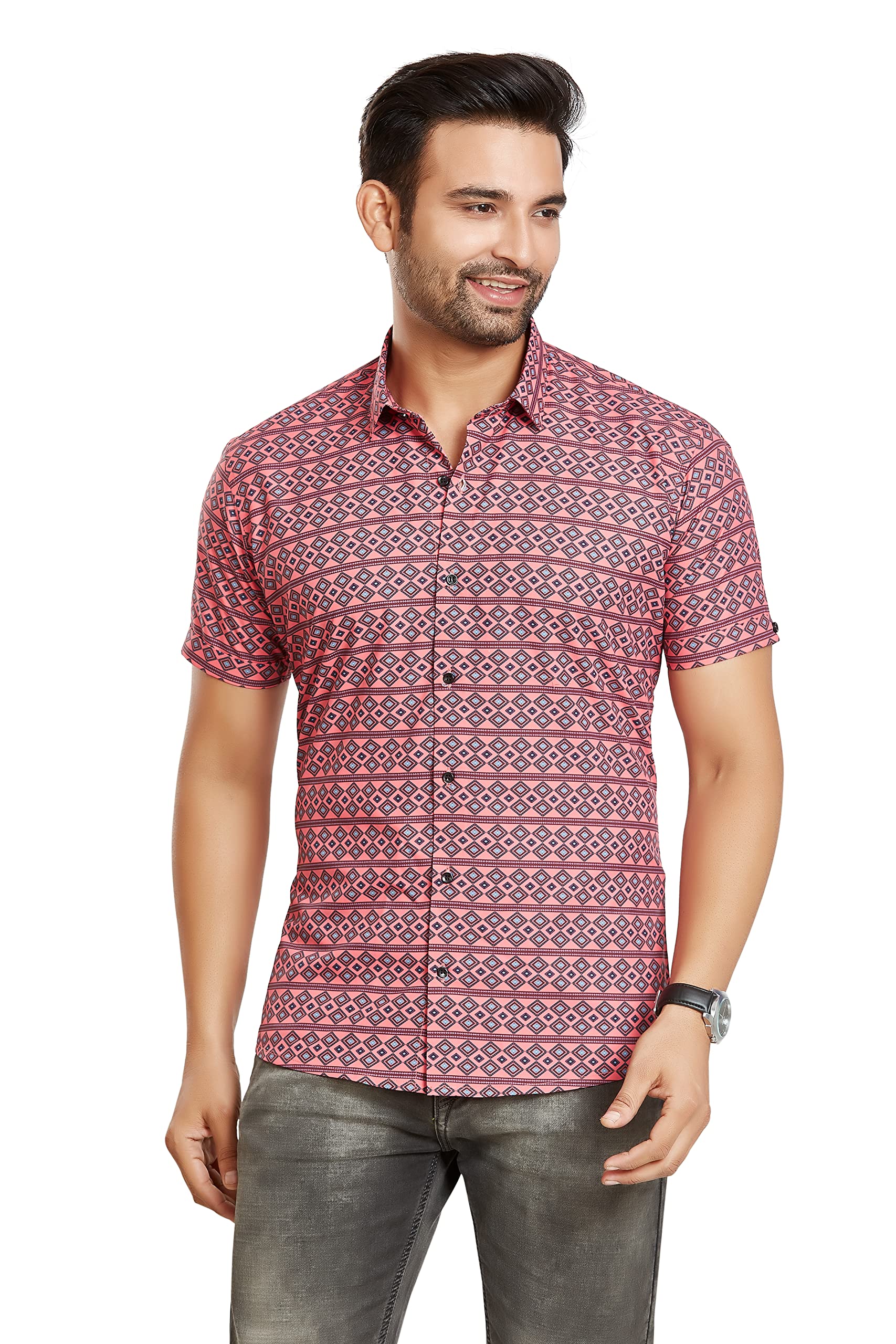 BE ACTIVE Camisa casual de algodón para hombre, corte entallado, lisa, camisa elegante para hombre, cuello extendido y medias mangas, estilo atemporal y comodidad