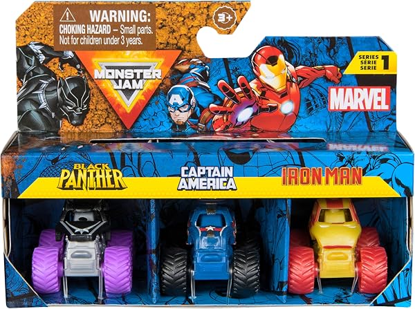 MONSTER JAM - Pack 3 Coches Monster Truck Marvel Oficial Escala 1:87 Metálicos: Black Panther, Capitán América y Iron Man - Coches para Niños - Juegos Infantiles - Juguetes Niños 3 años + - 1