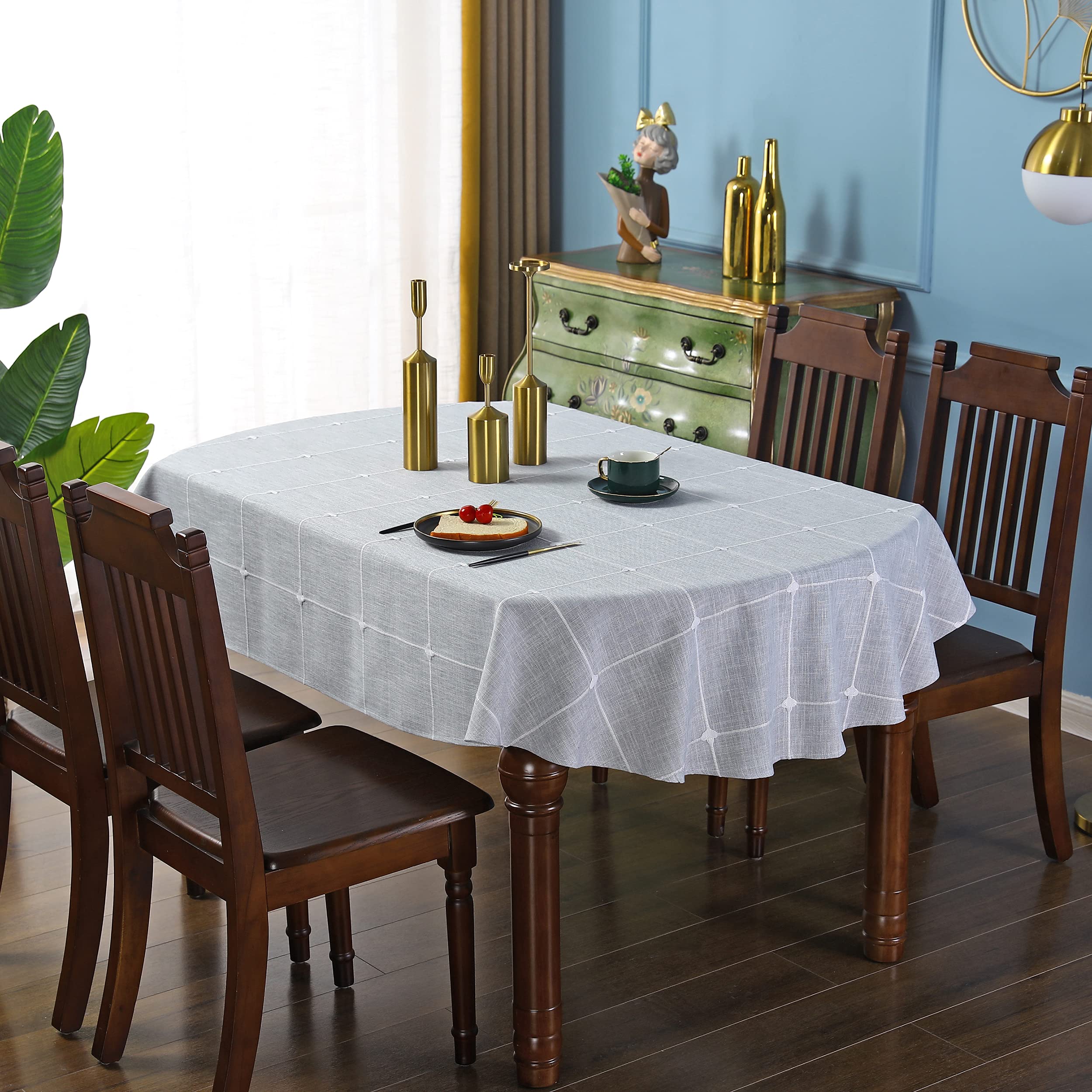 Tovaglia Ovale QsyyHome In Cotone E Lino 155x215 Cm – Ricamo Rustico Quadri Scacchi Per Tavolo Da Pranzo, Antimacchia - 3