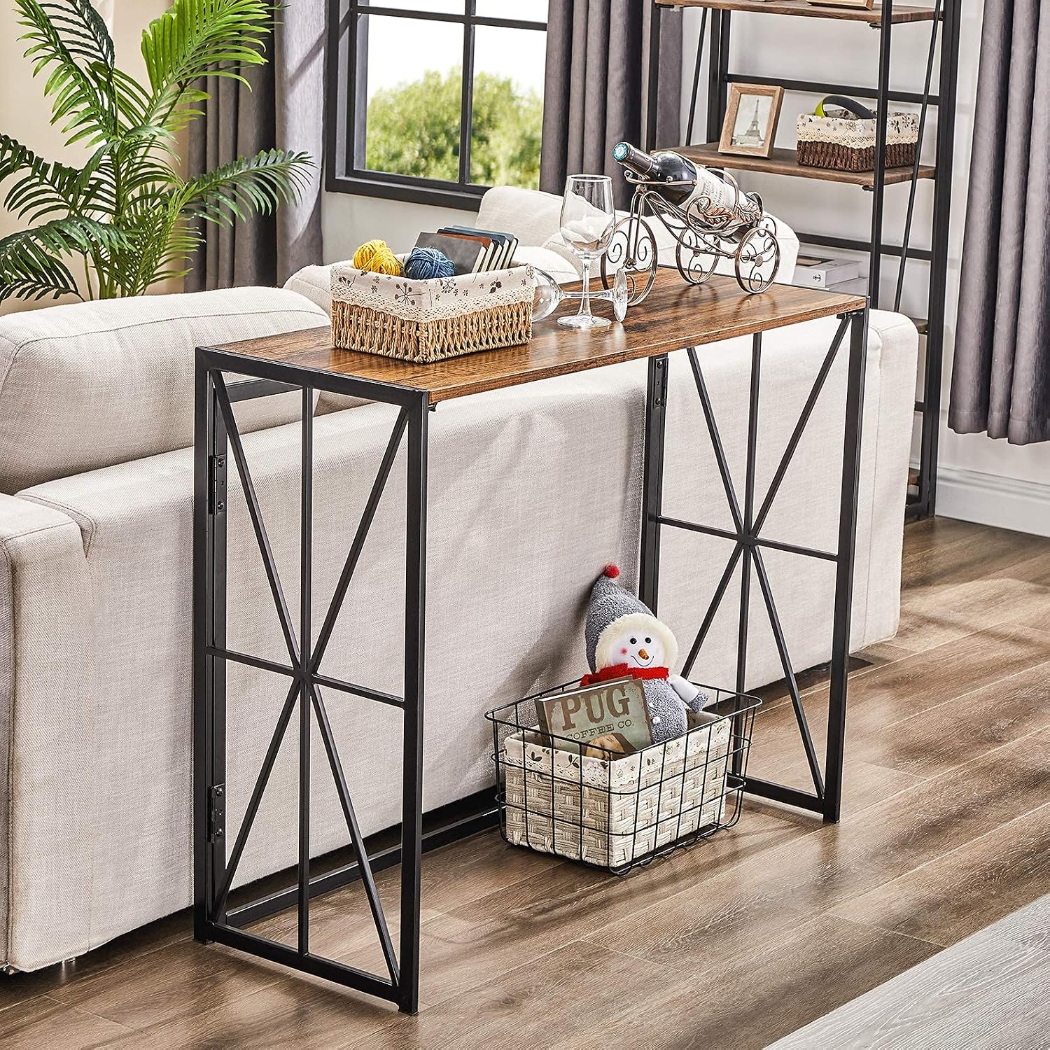 Console Sofa Table for Entryway No Assembly Small Living Room Wall Table for Hallway Folding TV Entrance Table Industrial Kitchen Bar Table Home Office Computer Desk with Metal X-Frame, Walnut Brown