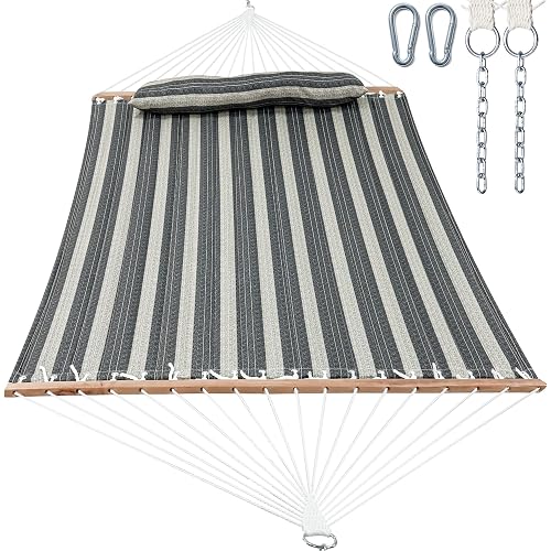 GAFETE Hammock 2 Person Quilted Fabric Hammocks for Outside, Double 12ft Hammocks with Spreader Bar, Large Removable Pillow, Storage Bag, Carabiners, Max 475 lbs Capacity (Mountain Mist Gray)