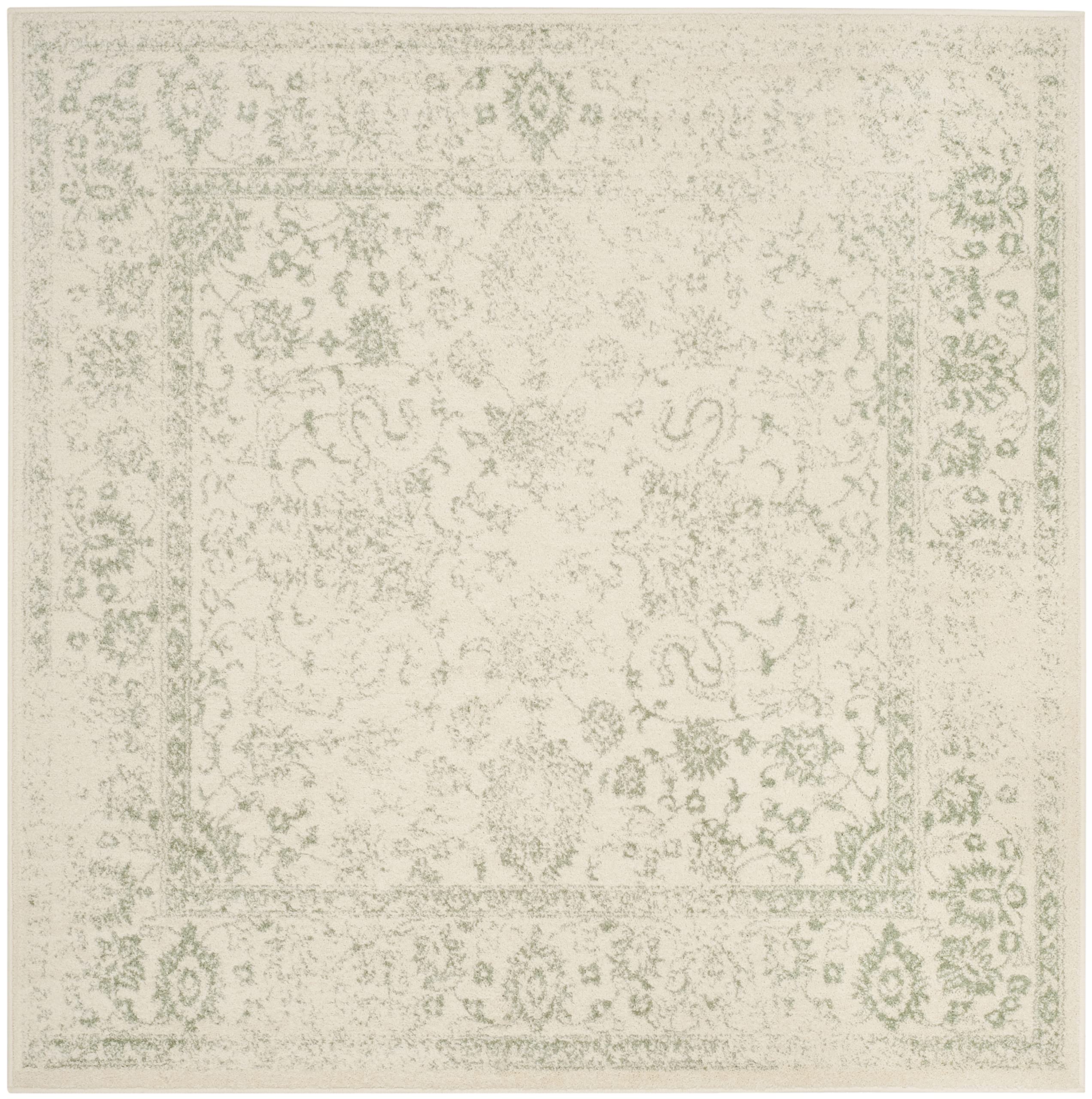 SAFAVIEH Adirondack Collection Area Rug - 4' Square, Ivory & Sage, Distressed Vintage Floral Design, Non-Shedding & Easy to Clean, Ideal for Living