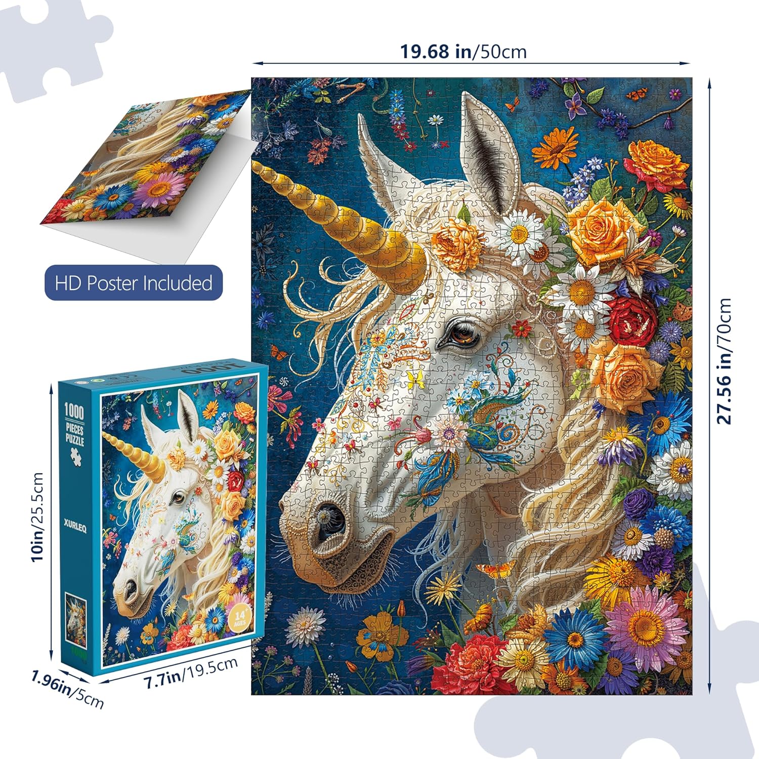 Divine Bloom Steed 1000-Piece Jigsaw Puzzle for Adults –Challenging Enchanted Unicorn with Flower Mane Art, Premium Matte Finish, 27.56 x 19.68 Inches, Perfect for Game Nights