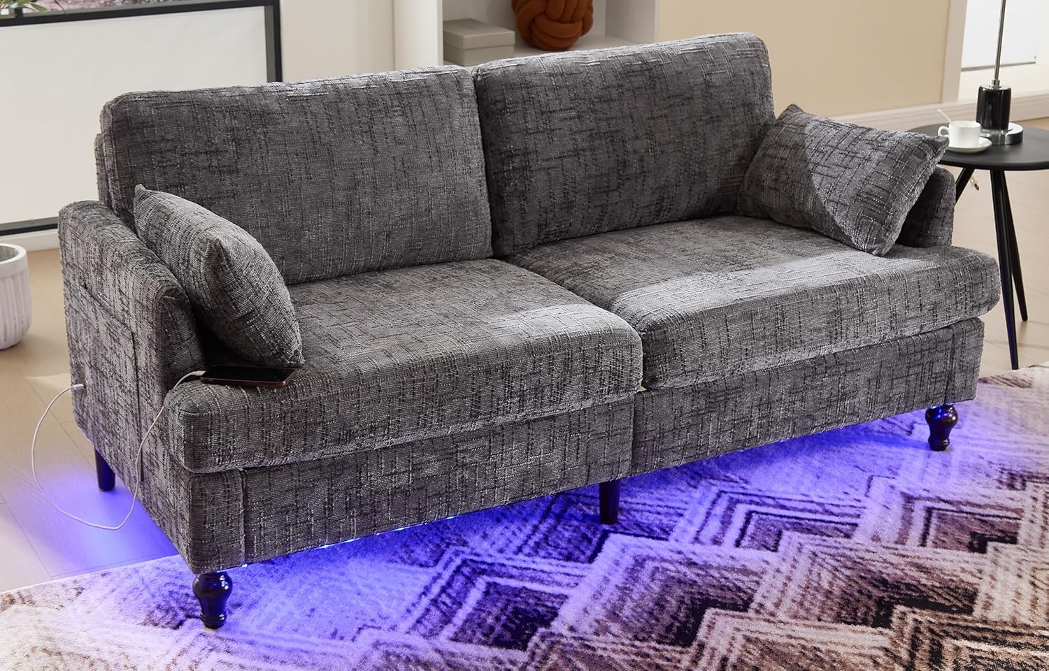 Modern Loveseat Couch Sofa for Living Room with LED Lights & USB Type C Ports, Upholstered 70" Small Love Seat for Bedroom, Apartment,Chenille Recliner, Spring Cushions,Solid Wood Frame Design (Gray)