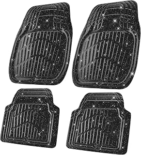 CAR PASS Shining Glitter Car Floor Mats 3D Leather Waterproof All Weather, Universal Trim to Fit & Anti-Slip, Safety & Light Easy Clean Install Fit for SUV,Truck,Auto,Sedan,Van 4 Piece (Black Glitter)