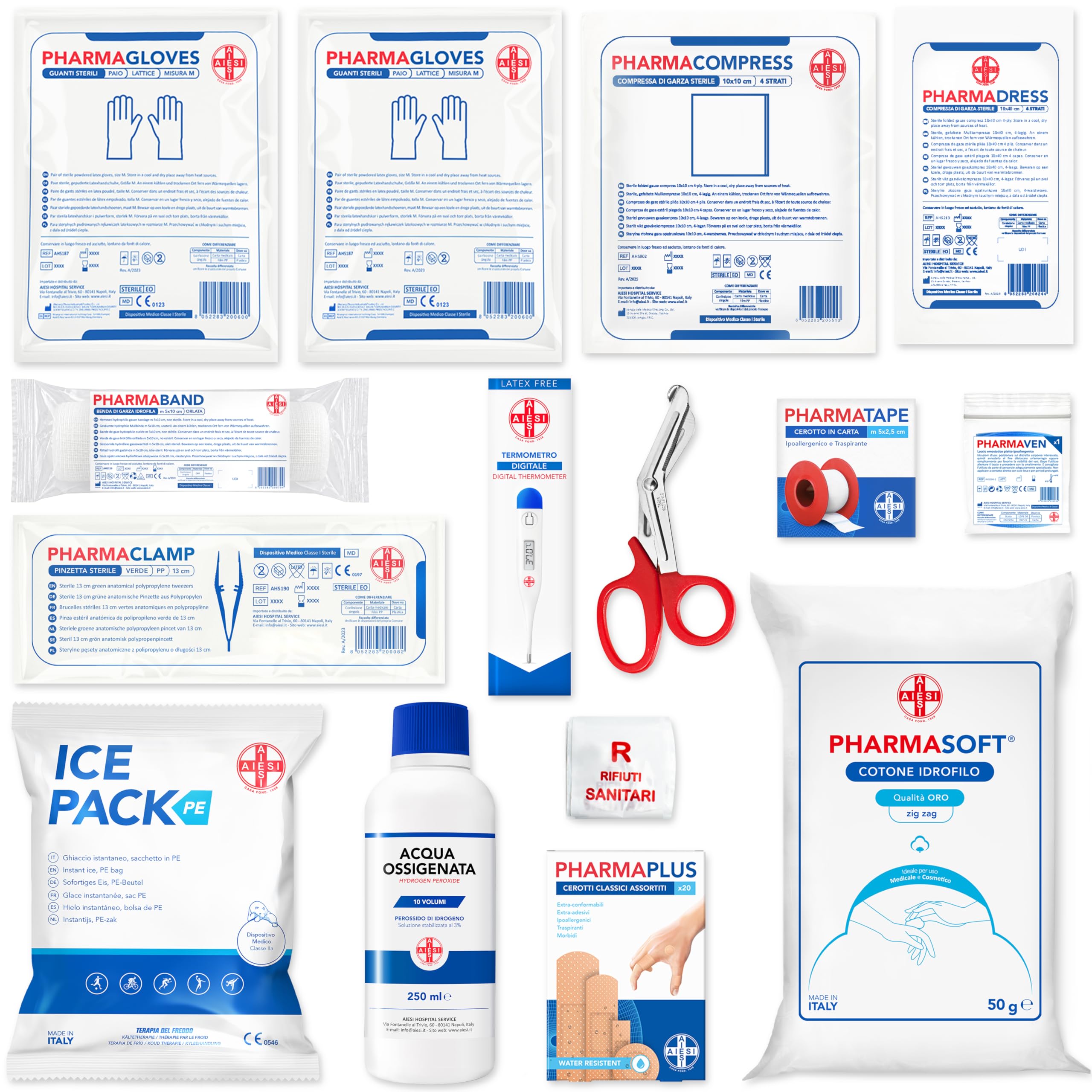 AIESI® Kit di Pronto Soccorso professionale con TERMOMETRO e DISINFETTANTE per auto casa viaggio barca moto trekking EASY AID KIT, Borsa di emergenza completa per medicazione, Made in Italy