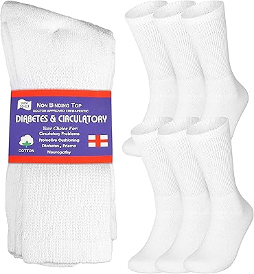 Special Essentials 6 Pairs Non-Binding Cotton Diabetic Crew Socks With Extra Wide Top For Men and Women