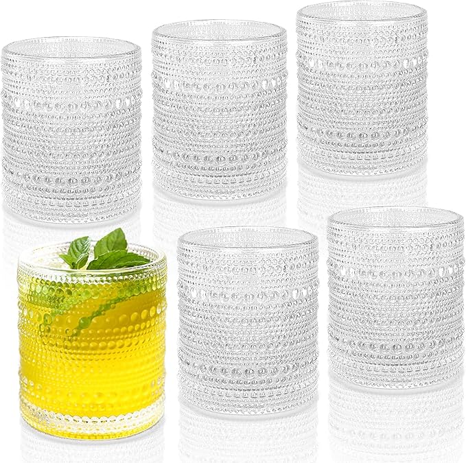 Cocktail Glasses 10 oz Hobnail Drinking Glasses Set of 6, Vintage Glassware, Textured Glass Cups Bubble Glasses Water Glasses Old Fashion Jupiter Glasses Set, Clear