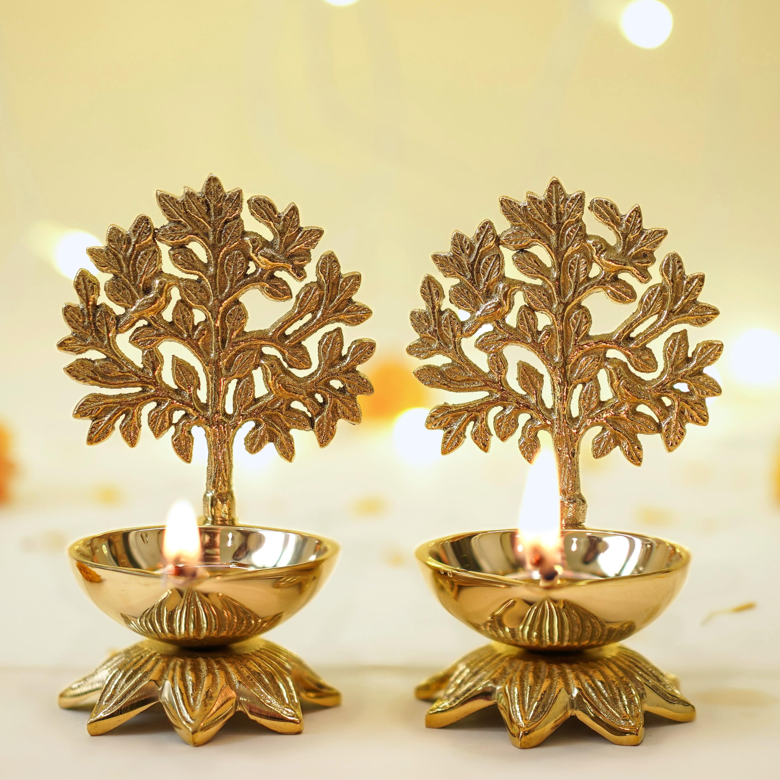 Behoma 100% Pure Brass Kalpavriksha Diya for Puja - Set of 2 | Religious Deepak for Mandir, Temple, Office & Home Decoration | Handcrafted Life Tree Diya for Pooja Room & Housewarming Gift-image-24