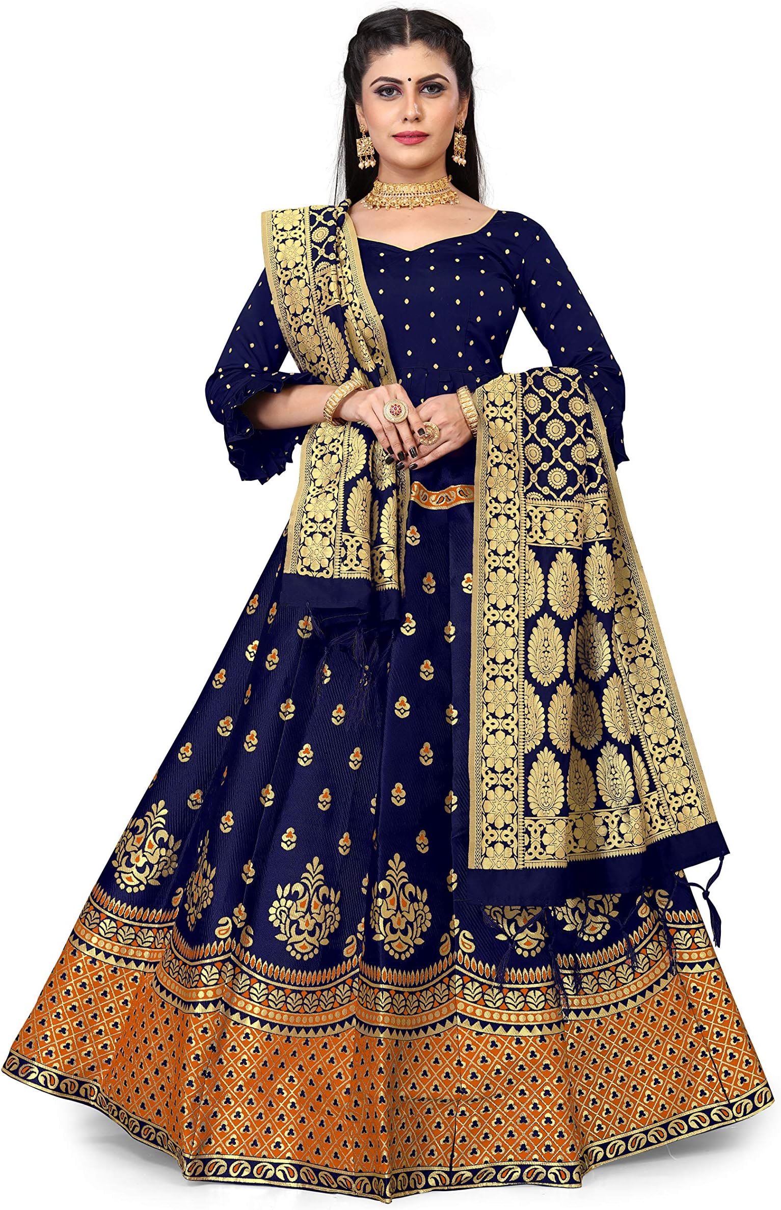 Bridal4FashionWomen's Silk Semi-Stitched Lehenga Choli With Dupatta (K-Blue Orange_Orange_Free Size)