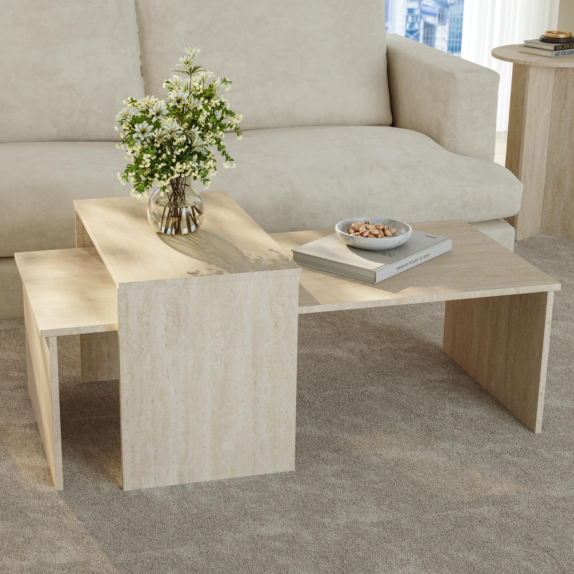 [en.casa] Set de 2 Tables Basses Gigognes de Tailles Différentes Ensemble de 2 Tables d'Appoint Design Intemporel pour Salon Chambre Panneau de Particules Mélaminé Travertin