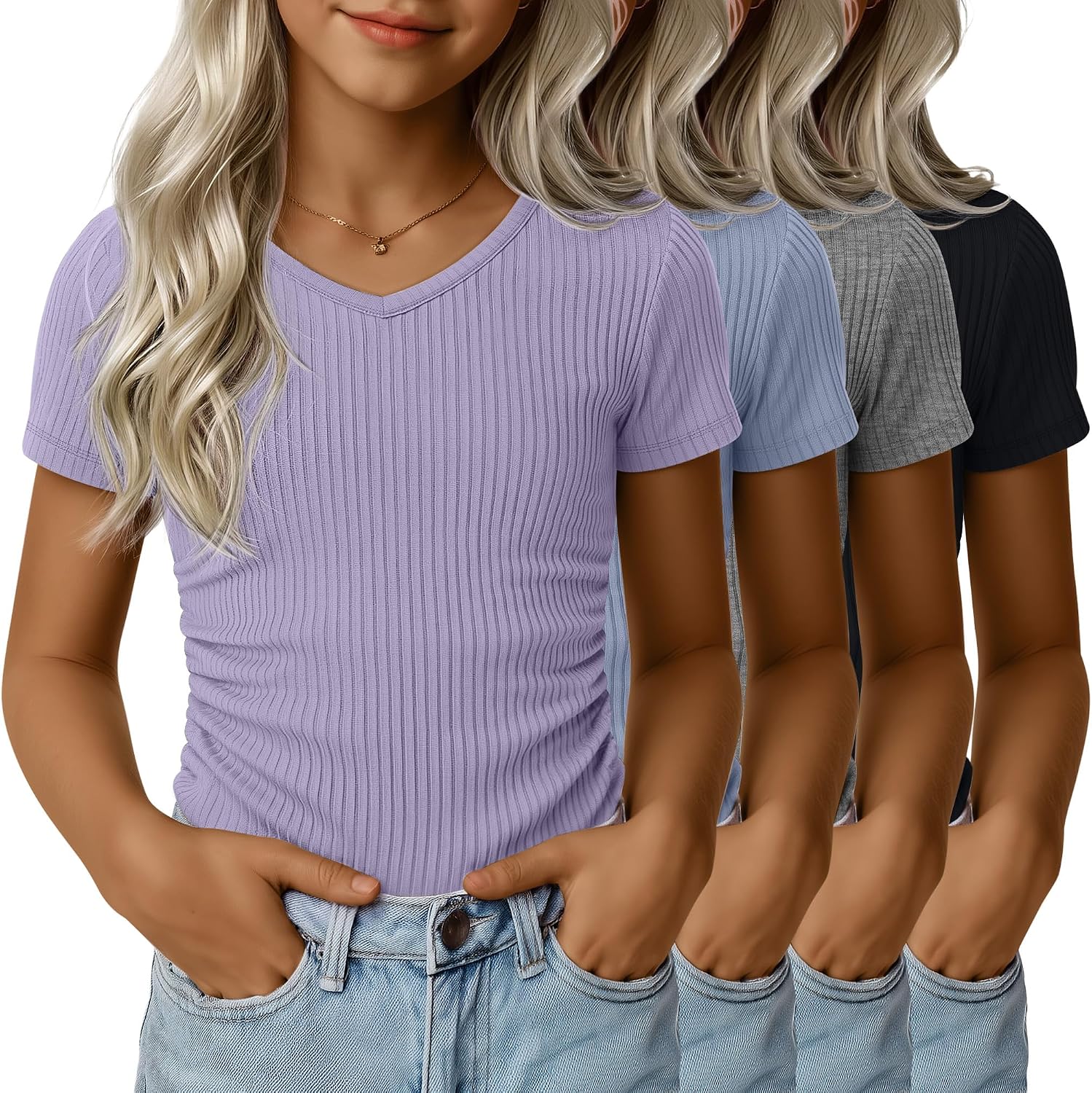 4 Pack Girls Shirts Teen Cute Summer Tops Ribbed Knit Slim Fitted Tees Basic Side Ruched Clothes for Kids Ages 5-14