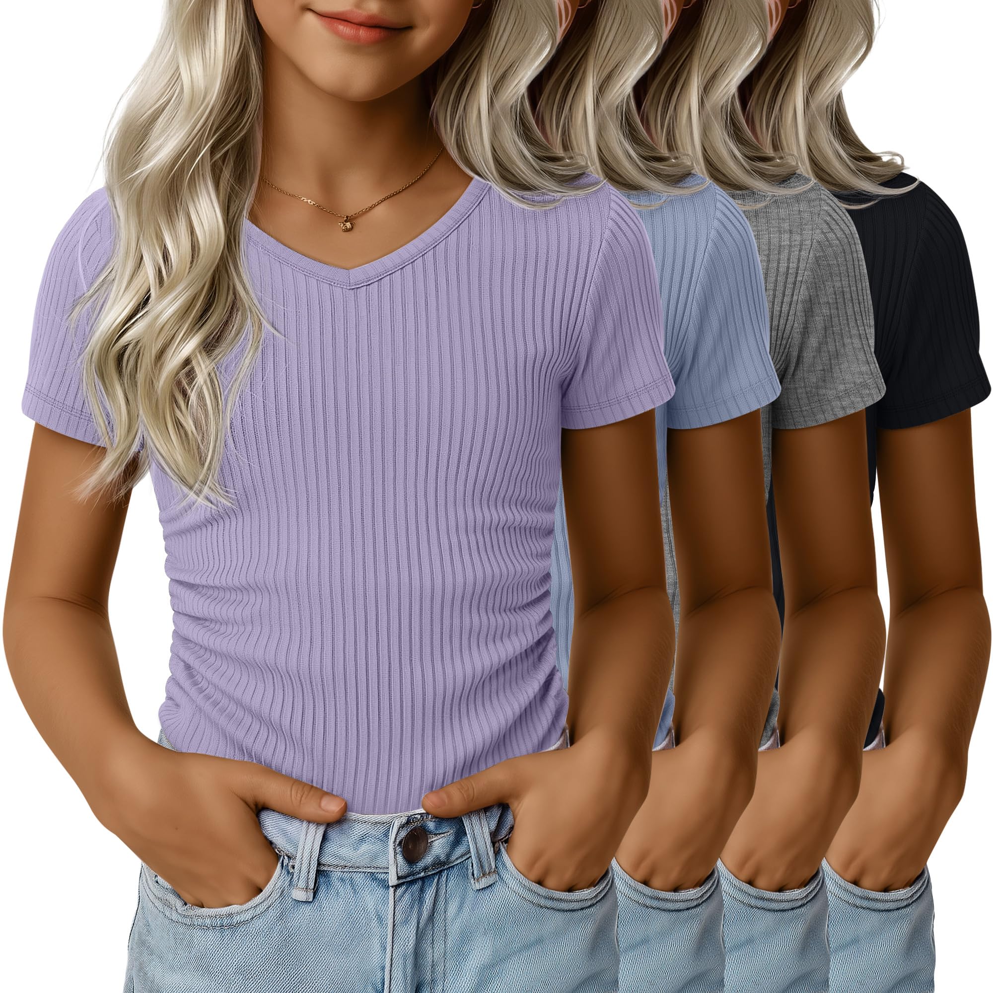 Langyiwee 4 Pack Girls Shirts Teen Cute Summer Tops Ribbed Knit Slim Fitted Tees Basic Side Ruched Clothes for Kids Ages 5-14