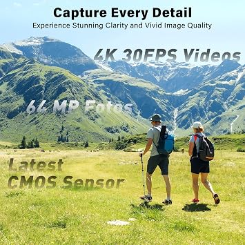 4K Vlogging Camera with 1.72'' Sensor – 2-Axis Stabilisation Action Camera, 64MP Digital Camera with Touchscreen, Subject Tracking, Compact Camera with 64GB Card for Travel Outdoor Vlog