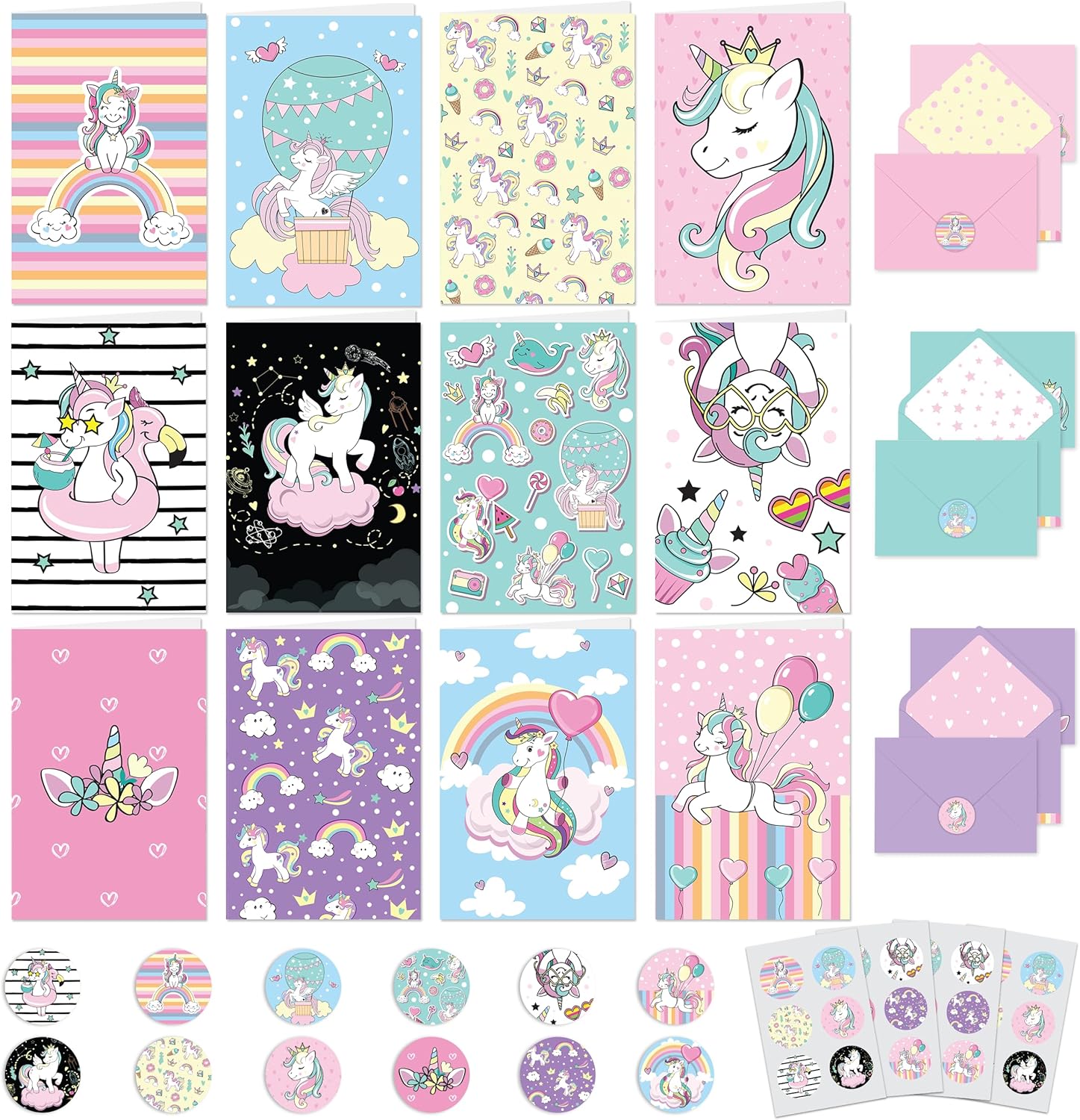 Decorably 24 Pack 4x6in Blank Unicorn Cards with Envelopes and Stickers, 12 Charming Designs - All Occasions, Birthday, Kid's Party, Baby Shower, Gifting, Mailing