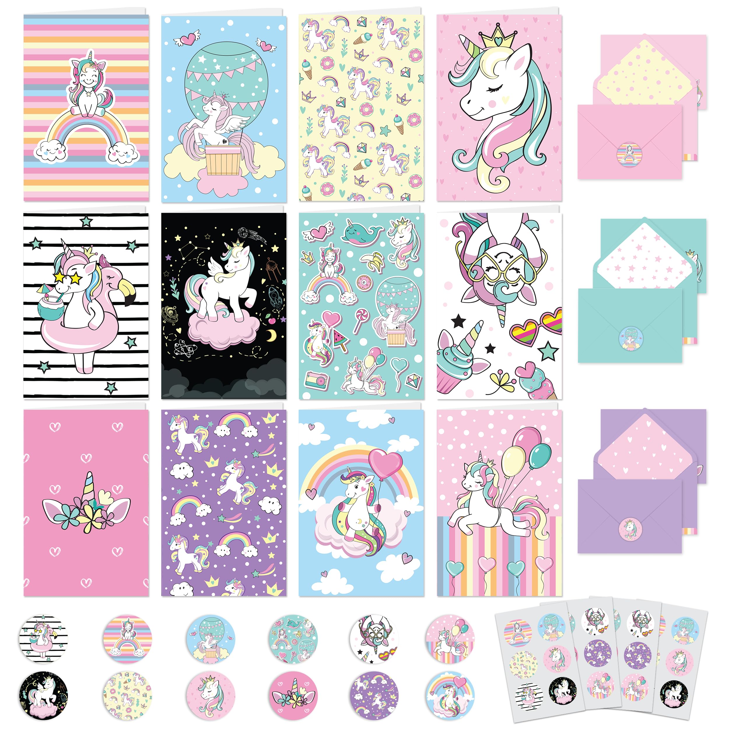 Decorably 24 Pack 4x6in Blank Unicorn Cards with Envelopes and Stickers, 12 Charming Designs - All Occasions, Birthday, Kid's Party, Baby Shower,