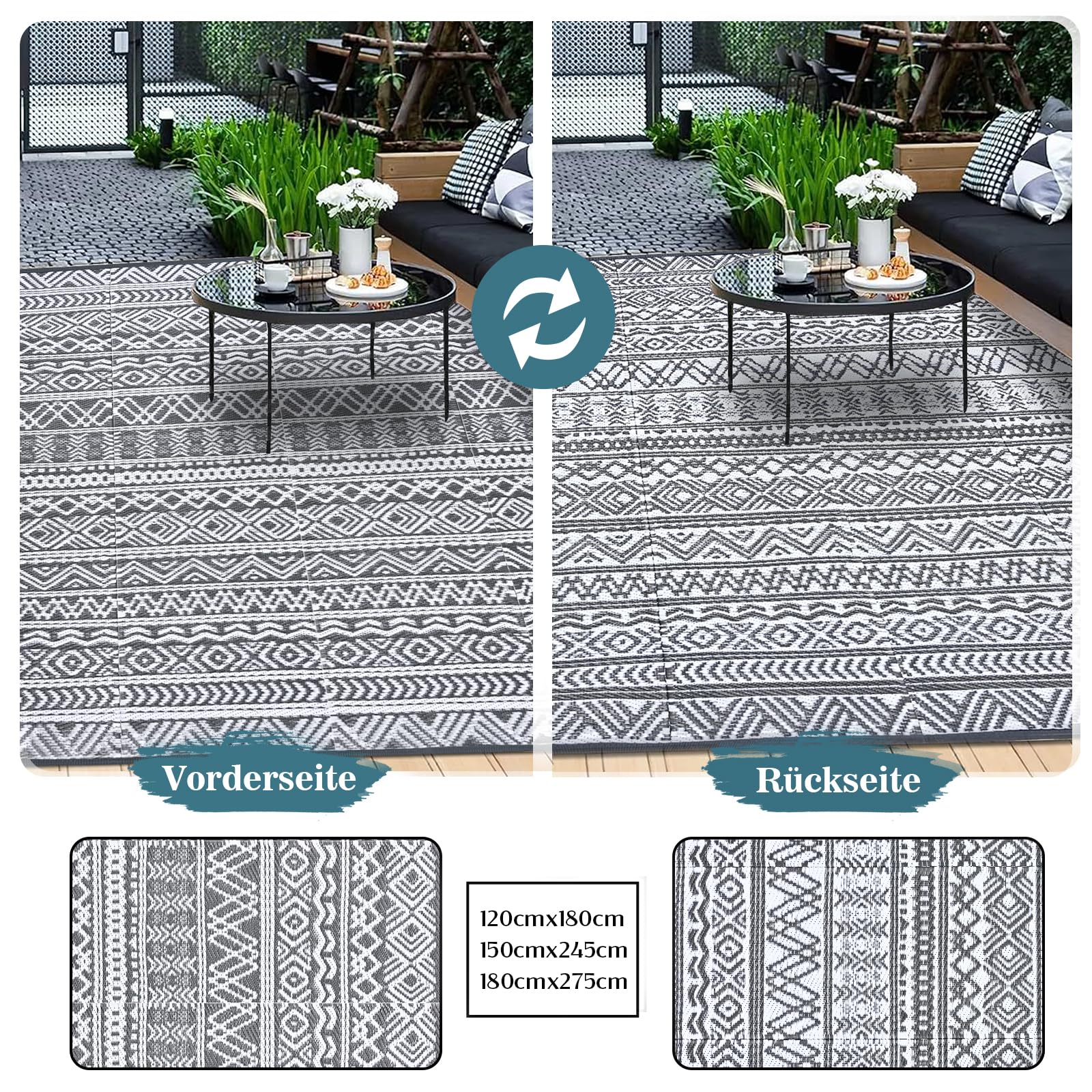 Tappeto esterno Alishomtll, 150 x 245 cm, polipropilene, resistente intemperie, UV, reversibile