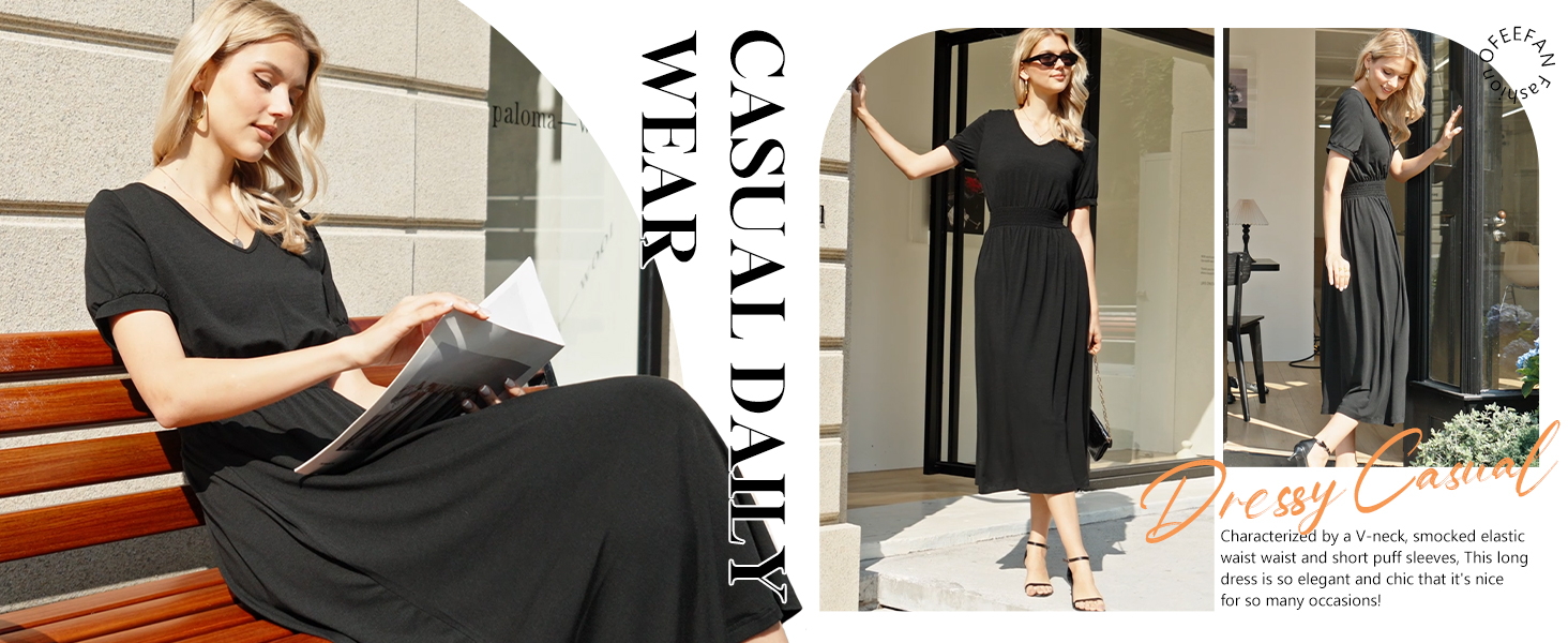 OFEEFAN Black Maxi Work Dresses for Women Ladies Summer Midi Sundresses Long Casual Dress V Neck Spring Beach Vacation Outfits Travel Clothes 2026 Trendy Resort Wear A Line Flowy S at Amazon