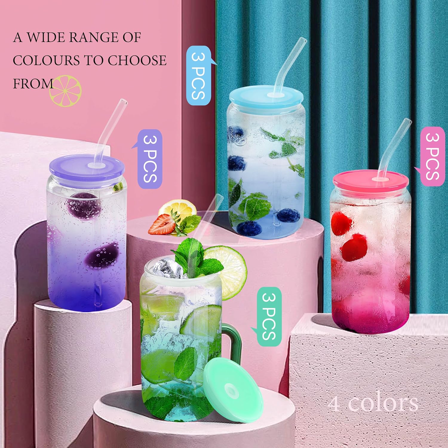 Joyclub 16oz Glass Cups with Acrylic Lids and Straws 12 Set Can Shaped Glass Iced Coffee Cups with Lids, Gradient Drinking Glasses Cute Tumbler Cup Great for Smoothie Soda Boba Tea Cocktail Beer Gift