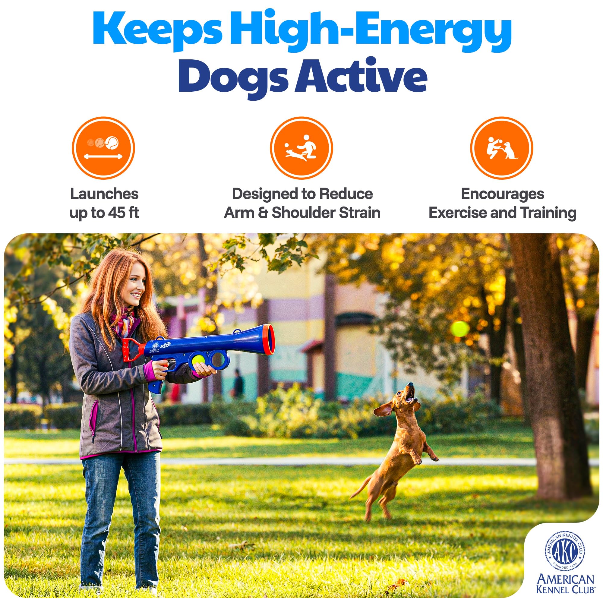 American Kennel Club Hundebällwerfer, Hundelempler, interaktives Spielzeug, händeloser Empfang, löst Ball und Gürtel aus, fördert aktives Spiel und Übungen, Größe M