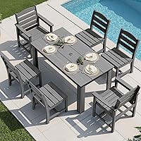 Vista 36 de SERWALL Juego de comedor de patio para 8, juegos de comedor al aire libre para 8 personas con 2 agujeros para sombrilla, mesas rectangulares Blanco