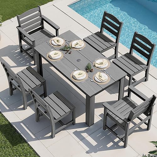 Miniatura 36 de SERWALL Juego de comedor de patio para 8, juegos de comedor al aire libre para 8 personas con 2 agujeros para sombrilla, mesas rectangulares